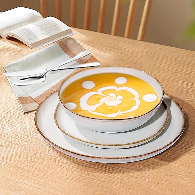 Herogo Stoneware Dinnerware Sets 12 Piece Dinner Dishes Set for 4 Ceramic Plates and Bowls Dishware Tableware Includes Dinner Salad Plates Soup Bowls Microwave &amp Dishwasher Safe Pearl White