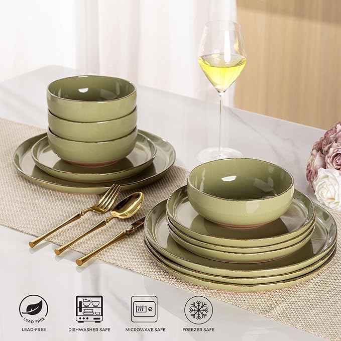 AmorArc Ceramic Dinnerware Sets for 4 12 Pieces Handpainted Plates and Bowls Set with Rustic Terracotta Underside Scratch Resistant Stoneware Dishes Set Dishwasher &amp Microwave Safe Olive Green
