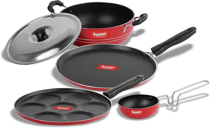 Sumeet 2.6mm Thick Non-Stick Ronga Cookware set (Dosa Tawa – 26.5cm Dia + Multi snack maker – 26.5cm Dia + Kadhai With Lid – 1.5Ltr capacity- 20cm Dia + Tadka Pan – 10cm Dia)