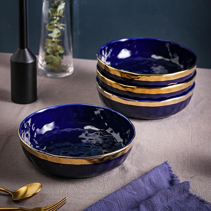 Stone Lain Florian 4-Piece Round Pasta Bowl Set Blue with Gold Rim