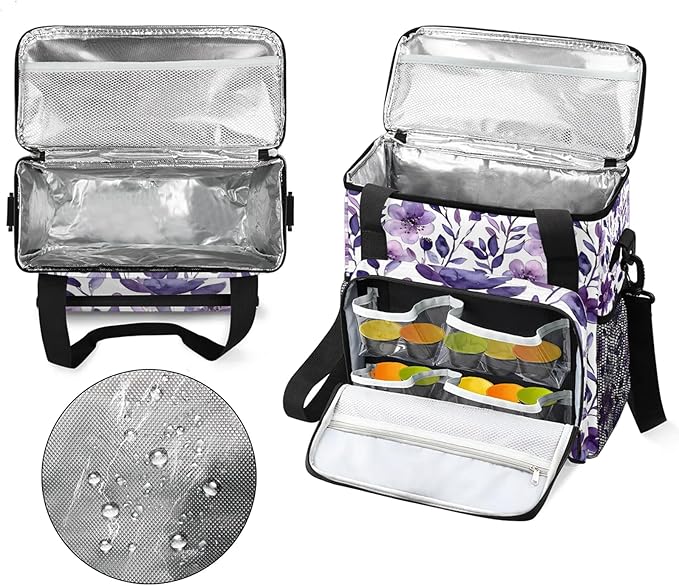 Flower Purple Coffee Maker Carring Bag Large Insulated Storage Organizer Case Tote Bags with Shoulder Strap for Travel Work Picnic