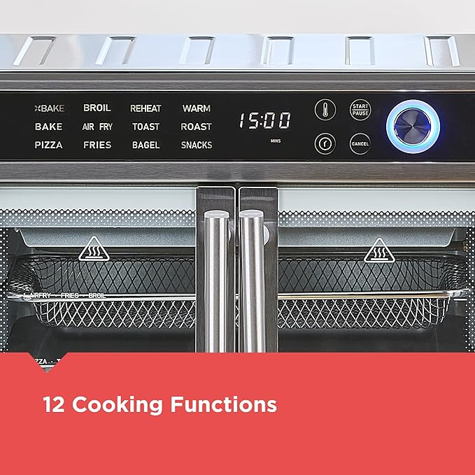 BLACK+DECKER Crisp 'N Bake Air Fryer Toaster Oven Combo 12 in 1 Countertop Convection Oven Cooks Food Fast Fits a Whole Pizza or 6 Toast Slices French Doors with Stainless Steel Finish