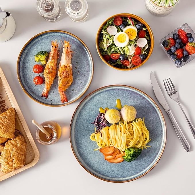 vancasso ONION Ceramic Plates and Bowls Sets 24 Pieces Blue Dinnerware Sets for Kitchen Reactive Glaze Dishes Set for 8 Dishwasher and Microwave Safe