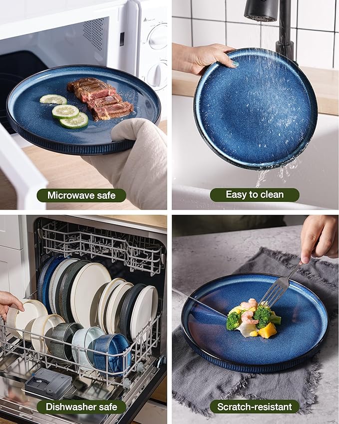 Famiware Star Dinnerware Set Plates and Bowls Sets for 4 (12pcs) Ribbed Stoneware Dishes - Chip &amp Scratch Resistant Microwave &amp Dishwasher Safe Multicolor - Cappuccino White &amp Nebulas