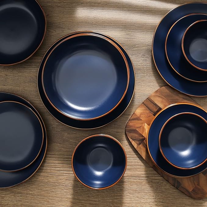Stone Lain Brasa Stoneware 16 Piece Modern Dinnerware Sets Plates and Bowls Service for 4 Blue Microwave &amp Dishwasher Safe