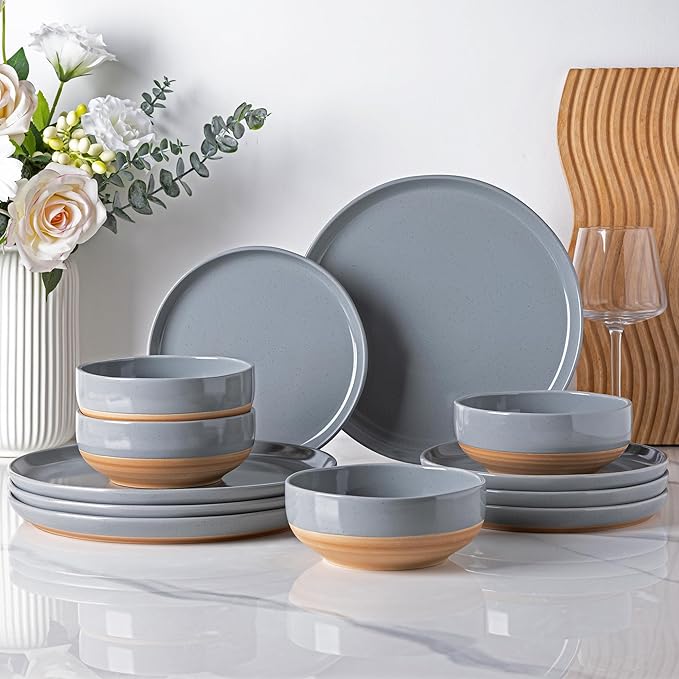 AmorArc Ceramic Dinnerware Sets for 6 18 Pieces Handpainted Plates and Bowls Set with Rustic Terracotta Underside Scratch Resistant Stoneware Dishes Set Dishwasher &amp Microwave Safe Gray