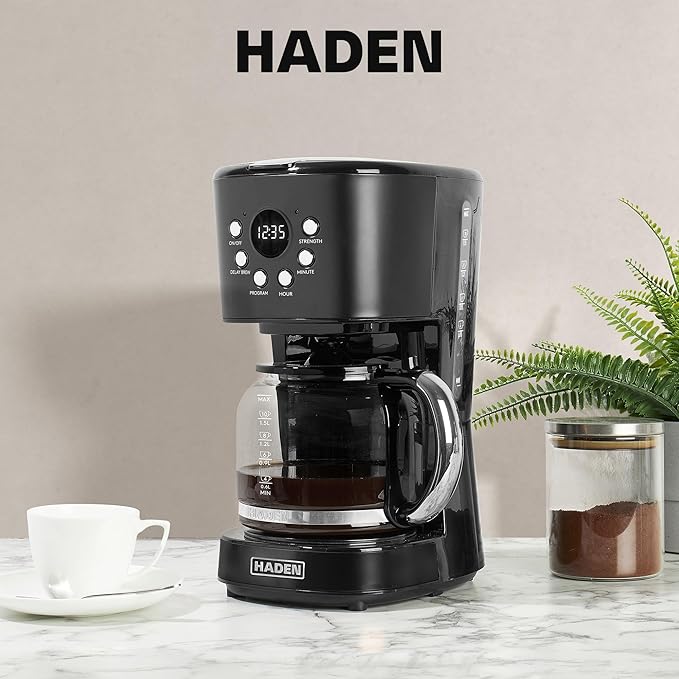 Haden Coffee Machine 12 Cup Programmable Drip Coffee Maker with Auto Shut-Off Function and Reusable Washable Water Filter Black &amp Chrome