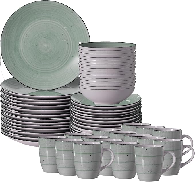 64-Pc Dinnerware Set for 16 Swirl Glazed Finish Includes Mugs Bowls Salad and Dinner Plates Chip Resistant Microwave Dishwasher and Oven Safe Green