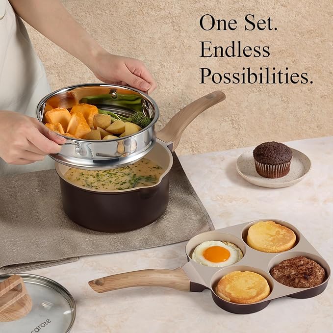 CAROTE 21 PCS Ceramic Cookware Set Pots and Pans Set Non Stick Pot and Pan Set with Frying Pan Induction Ready Cooking Set for Kitchen PFOS/PFOA/PFAS Free Brown