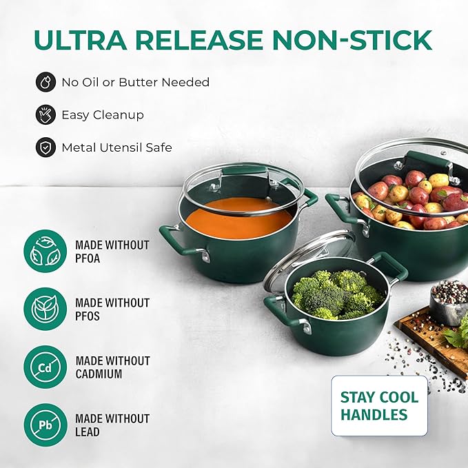 Granitestone Green Pots and Pans Set Nonstick 6 Stackable Piece Cooking Pots Set Kitchen Pots Non Stick Coating 5qt 3qt &amp 1.5qt Pots with Lids Stay Cool Handles Dishwasher Safe 100% Toxin Fre