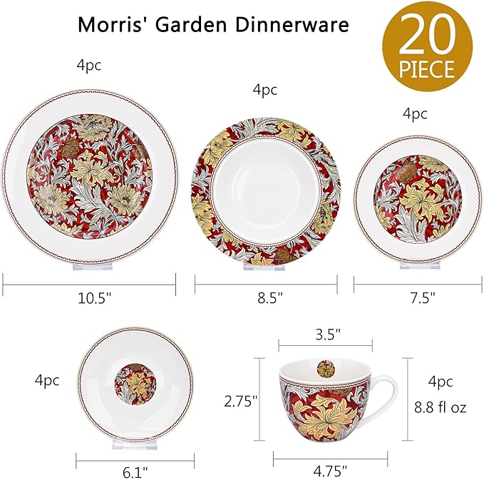 STPGoods 20-Piece Dinnerware Set - Porcelain Plates and Bowls Set with Mugs Dessert Salad Dinner Plates and Bowls Sets William Morris Floral Design Dishes Set - Service for 4