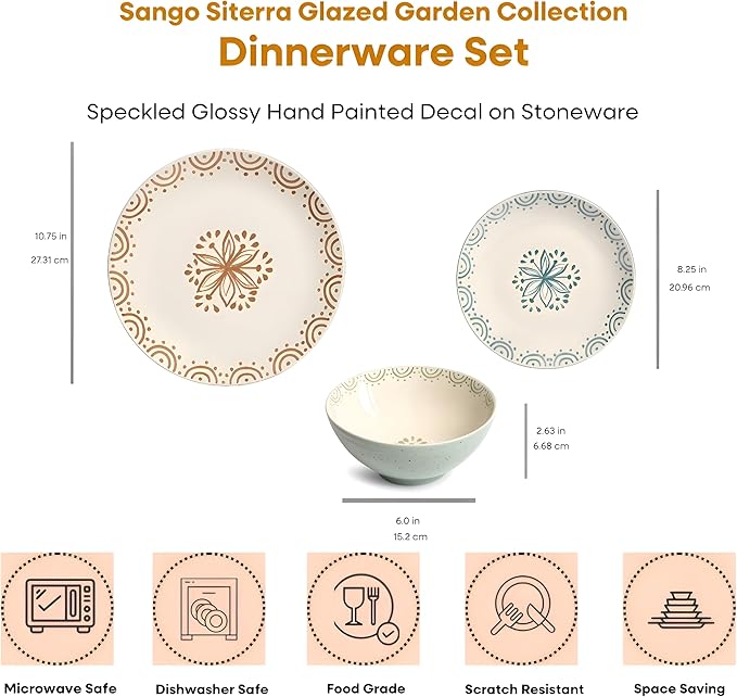 Sango 12-Piece Speckled Stoneware Dinnerware Set for 4- Glossy Plates and Bowls Set with Hand-Painted Floral Pattern Rustic Ceramic Dish Set Elegant Dishes for Everyday Dining Siterra Glazed Garden
