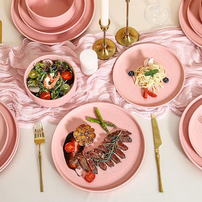 GZG Modern Art Series - 18 Pcs Speckled Stoneware Plates and Bowls Sets Ceramic Dinnerware Set with Rustic Terracotta Underside Microwave and Dishwasher Safe Handcrafted Dishes Set - Blush Pink