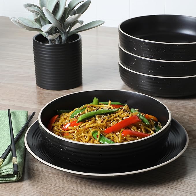 Gibson Home Dinah 16-Piece Matte Black Stoneware Dinnerware Set – Double Bowl Embossed Speckled Design Durable Kitchen Dinner Set