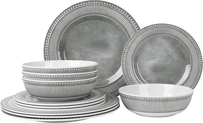 AELS Melamine Dinnerware Set of 12 Pcs Dinner Dishes Set for Indoor and Outdoor Use Melamine Plates and Bowls Set for 4 Dishwasher Safe Lightweight Unbreakable BPA Free Gray