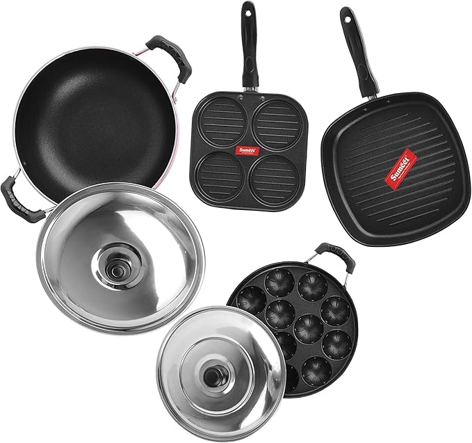 Sumeet 2.6mm Thick Non-Stick Hiri Cookware set (Mini Multi Snack Maker – 19.5cm + Kadhai With Lid – 220cm Dia + Grill Appam Patra with Lid – 23cm Dia + Grill Pan – 1.1Ltr Capacity-22cm-Dia