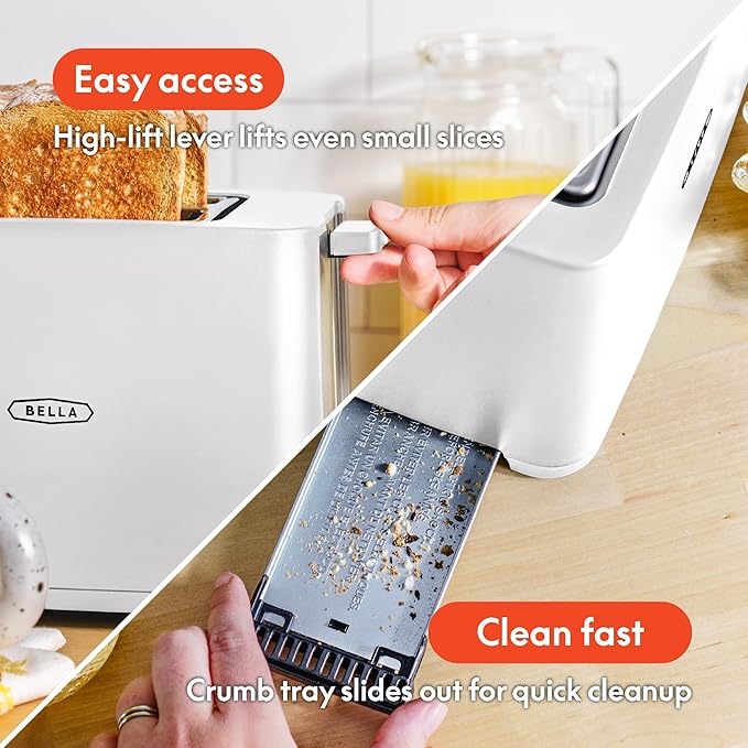 bella 2 Slice Toaster with Auto Shut Off - Extra Wide Slots &amp Removable Crumb Tray and Cancel Defrost &amp Reheat Function - Toast Bread Bagel &amp Waffle White