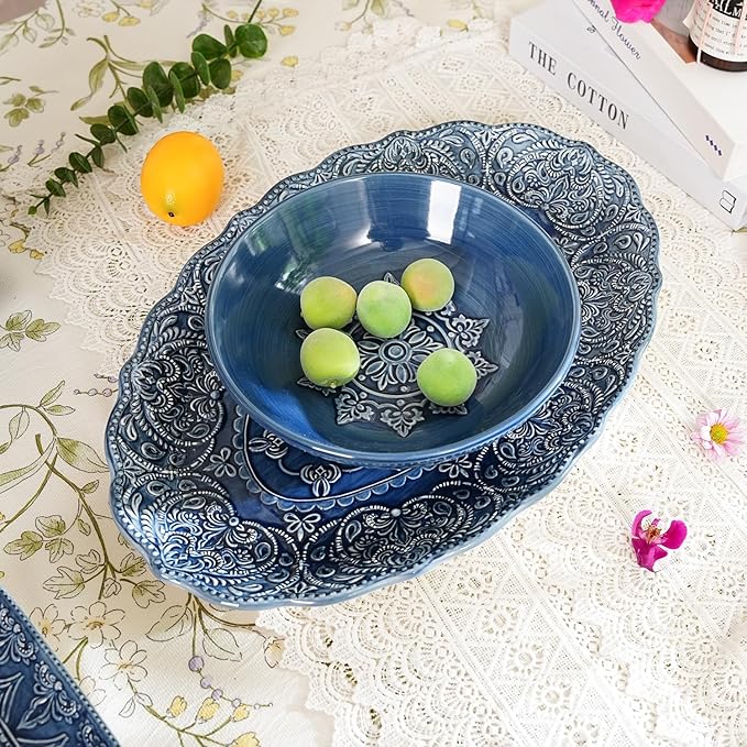 Sungmor Embossed Stoneware Fine Dining Dinnerware Antique Baroque Style Porcelain Serving Platter Set of 2 &amp 16 Inch Oval Large Serving Plates Sophisticated Ceramic Serving Dish Party Table Dec