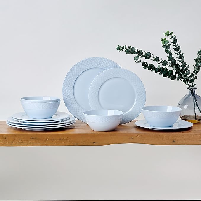 Mikasa Trellis Pastel Bone China Lightweight Chip Resistant 12 Piece Dinnerware Set Service for 4 Misty Blue