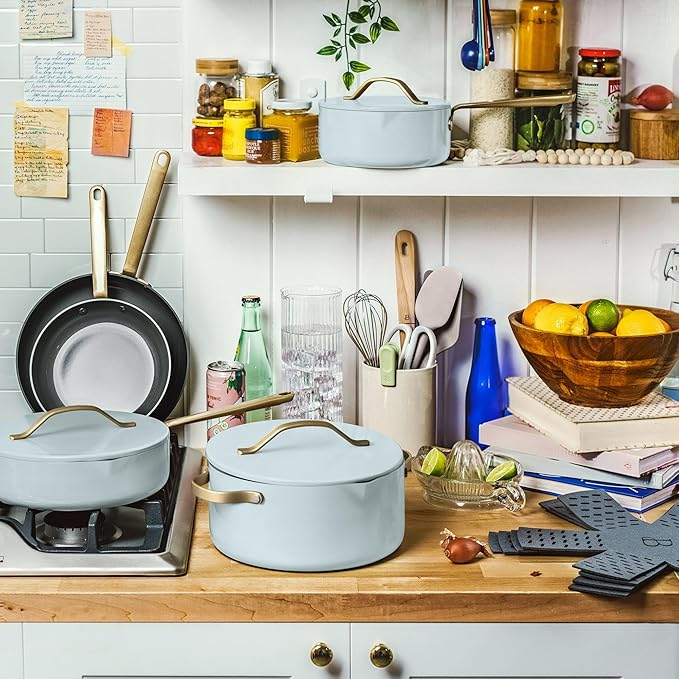 12-Piece Ceramic Non-Stick Cookware Set | Pots &amp Pans with Lids | PFOA-Free Ceramic Coating | Induction Compatible &amp Oven Safe | Gold Handles | Includes Protectors
