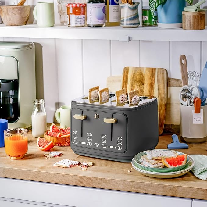 Toaster with Touch Activated Display by Drew BarrymoreExtra-Wide Slots 7 Settings Reheat Functions LED Countdown Timer (Oyster Gray)