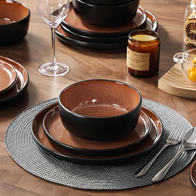 vancasso Plates and Bowls Sets 24 Pieces Stoneware Dinnerware Sets for 8 Kitchen Dish Set Mircowave and Dishwasher Safe Ceramic Dishware Dark Brown Series AMBER