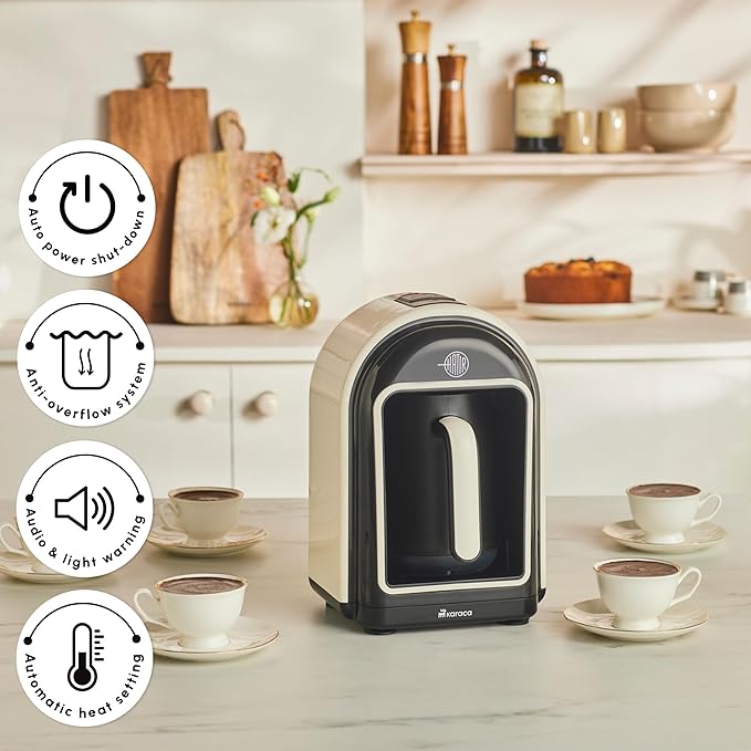 KARACA Hatır Turkish Coffee Maker 5 Cups Electric Turkish Coffee Machine with Ember Mode Automatic Temperature Control Overflow Protection Audible &amp Visual Alerts Cream