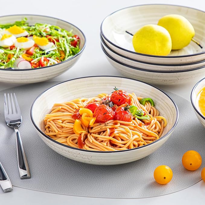 vancasso Bonbon Pasta Bowls Set of 6 38 Oz Ceramic Salad Bowls Wide and Shallow Bowls Set Large Serving Bowls for Kitchen Beige