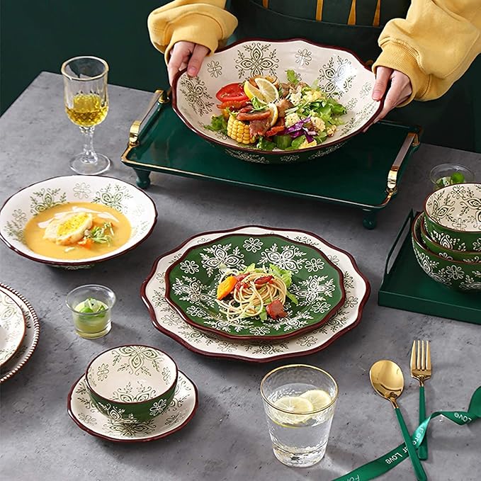 Kitchen Tableware SetCeramics Dinnerware Set Vintage Pattern Porcelain Dinner Sets of 34 Cereal Bowl and Steak Plate Set for Weddingb