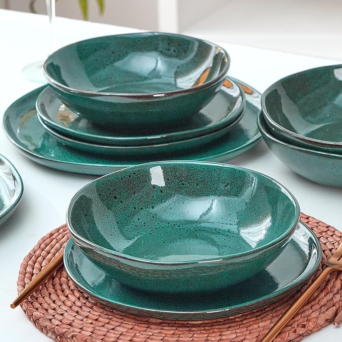 Bestone 12 Pieces Round Kitchen Dinnerware SetsPlates and Bowls SetsDishes Plates Bowls Dish Set Chip Resistant Ceramic Dinnerware Set Dishwasher/Microwave SafeService for 4Ceylon Green