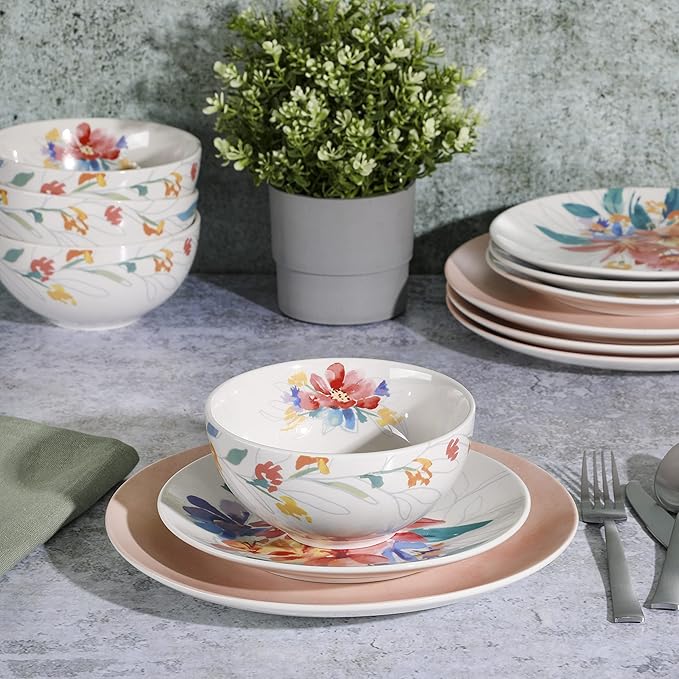 Spice by Tia Mowry Goji Blossom Decorated Porcelain Chip and Scratch Resistant Dinnerware Set Pink 12-Piece