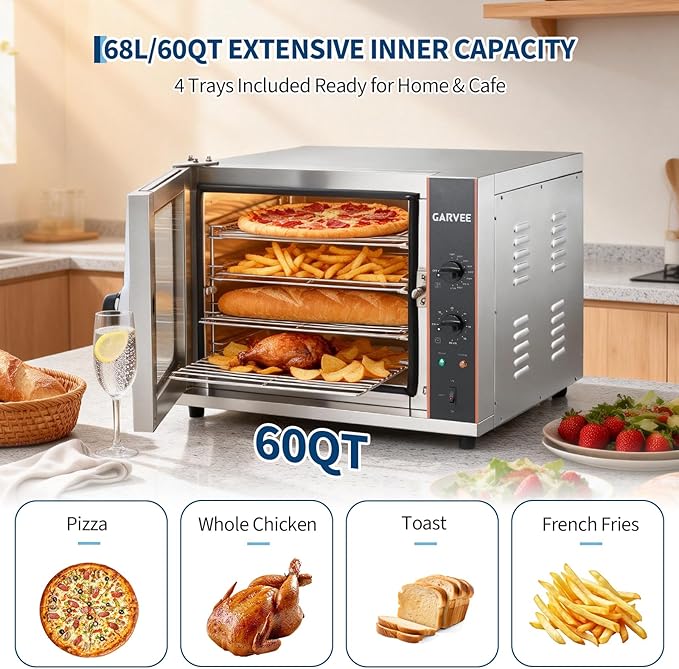 Garvee Commercial Convection Oven Countertop 68L/60Qt 1750W Toaster 4-Tier Electric Oven w/Front Glass Door Trays Wire Racks Clip Gloves 120V