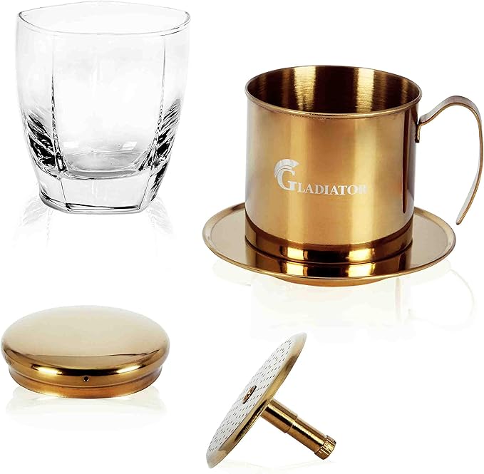 Vietnamese Coffee Maker Filter Phin Small French Press Portable Cup Single Serve Coffee Makers Gift for coffee lovers (Gold 1)