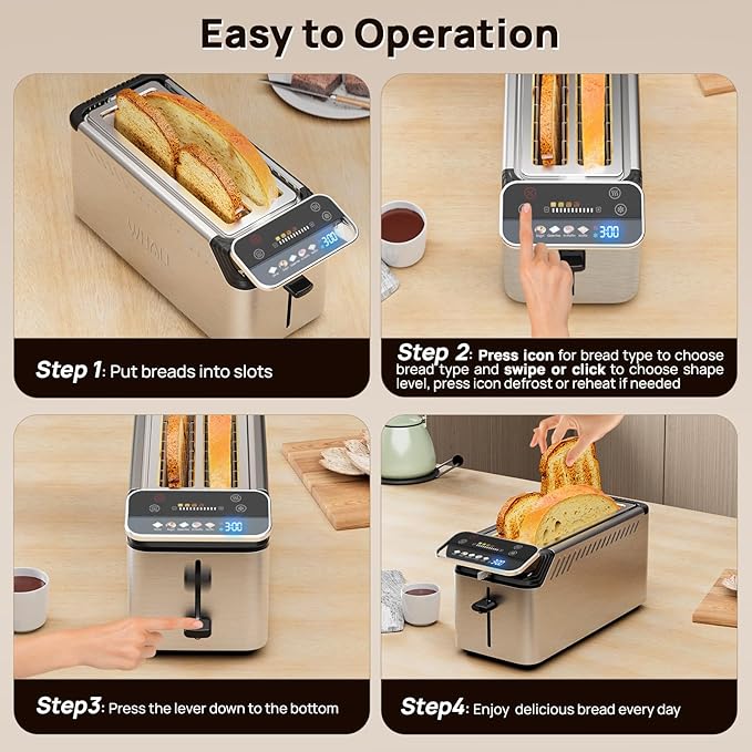 WHALL Long Slot 4 Slice Toaster Touch Screen Toasters with Projection Display 1.5 Wide Slot 5 Bread Types &amp 11 Shade Settings Digital Timer Warming Rack Crumb Tray Reheat/Defrost Silver