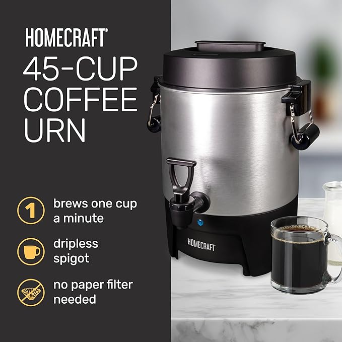 Homecraft 45-Cup Coffee &amp Hot Beverage Urn - Quick Brewing Drip-Free Spout Water Level Markings Reusable Filter &amp Carry Handles - Aluminum
