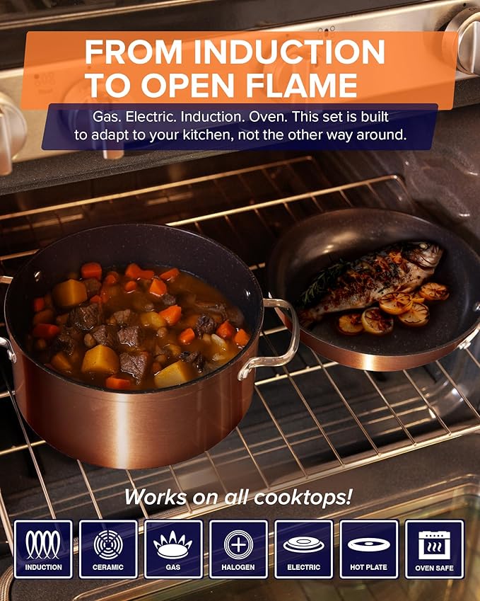 Nuwave Healthy G11-Pots and Pans Set Non Stick 9H Near-Diamond Hardness Scratch-Resistant Works on All Stovetops PFAS Free with Frying Pans Saucepans &amp Glass Lids Stay-Cool Handles Copper