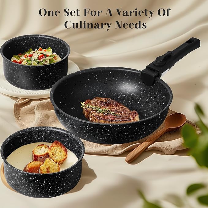 edx 12-Piece Nonstick Cookware Set with Detachable Handle Induction Compatible Dishwasher and Oven Safe Pots and Pans (Black)