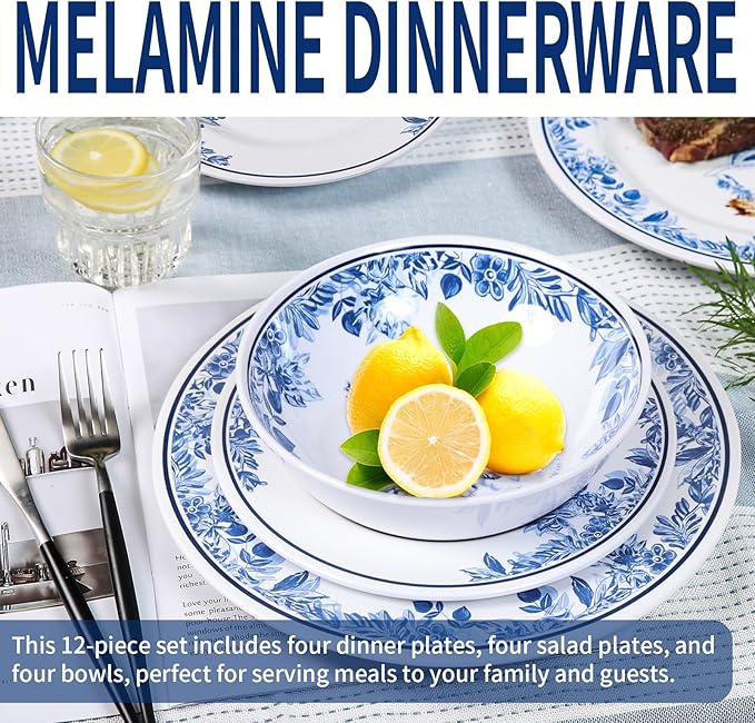 Melamine Dinnerware Sets-12pcs Floral Dinnerware Set Service for 4 Blue White Plates and Bowls Sets Dishwasher Safe Break-resistant Outdoor Camping Picnics Use Reusable Traditional Flower