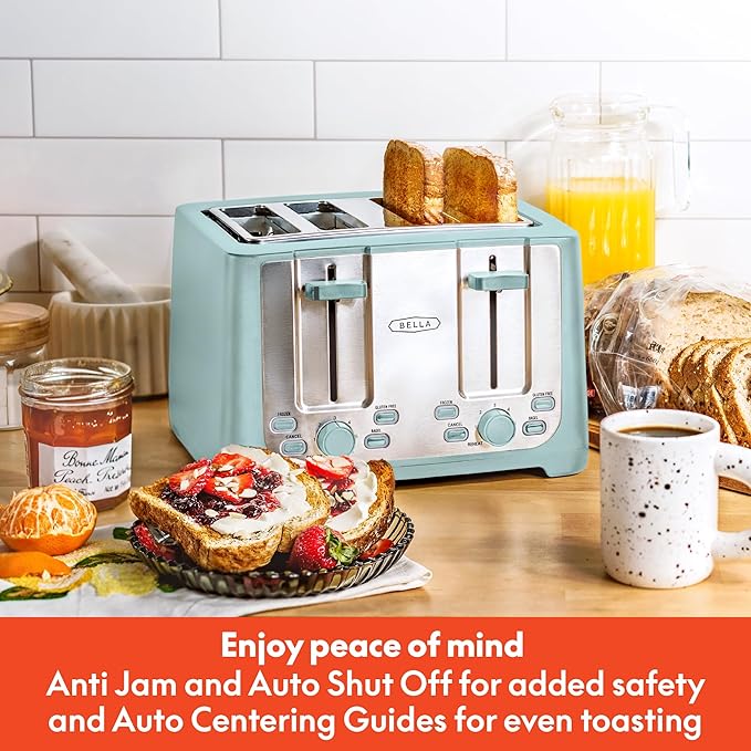 bella 4 Slice Toaster with Auto Shut Off - Extra Wide Slots &amp Removable Crumb Tray and Cancel Defrost &amp Reheat Function - Toast Bread &amp Bagel Stainless Steel and Aqua