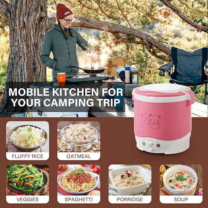 OSBA Small Rice Cooker12v Portable Travel Rice Cooker For Car Cooking Heating and Keeping Warm Function Can be Used As a Electric Lunch Box (Pink)