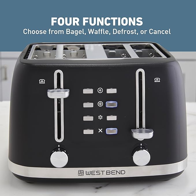 West Bend Toaster 4-Slice Extra-Wide and Deep Slots with 3 Functions and 7 Shade Settings Manual Toast Lift Lever Auto Shut-Off and Removable Crumb Tray 1500-Watts Black