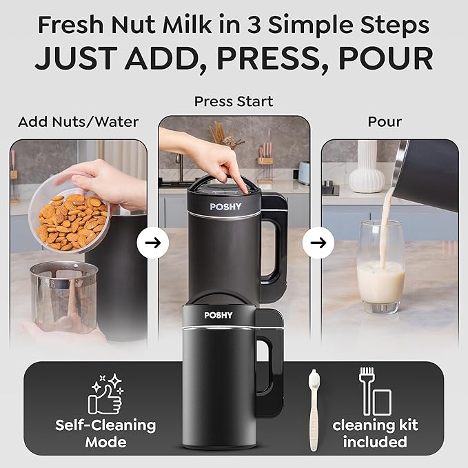 Poshy Nut Milk Maker 50 oz (1.5 L) – Ultra Filtration (No Mesh Bags) Self-Clean Quiet Motor Texture Control – Almond/Oat/Soy – Stainless Steel 120V