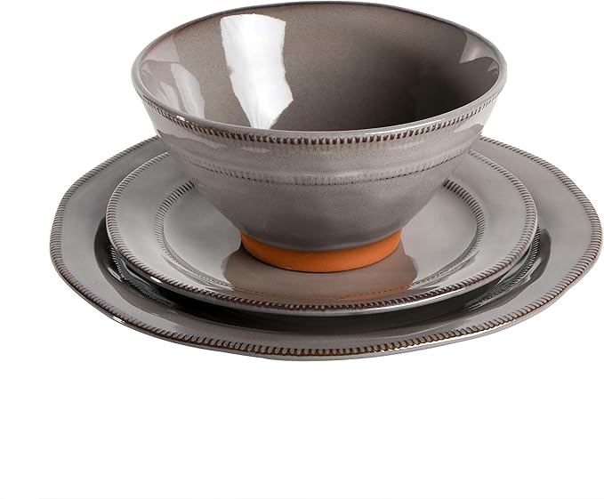 Gibson Elite Terranea Round Reactive Glaze Terra Cotta Dinnerware Set Service for Four (12pcs) Grey