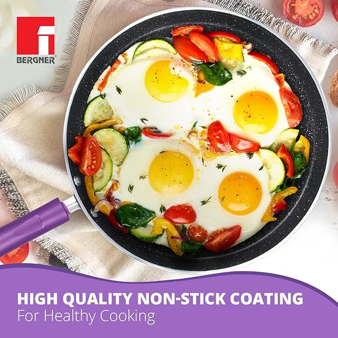 Bergner Albarino Non-Stick 4 Pcs Cookware Set - 24cm (2.5 L) Kadai with Glass Lid 24cm Frypan and 28cm Tawa Bakelite Handle Minimal Oil Use - Induction Bottom Diwali/Anniversary Gifting (Purple)
