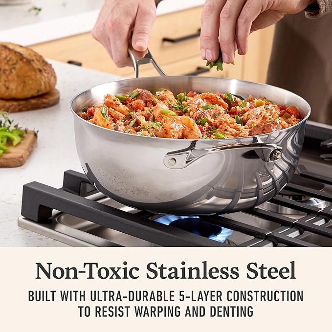 Calphalon Premier Polished 5-Ply Stainless Steel Cookware Set w/Turbo Heat Tech 4.5Qt Chef's Pan with Lid Induction Oven Safe 500F PFOA Free Polished Stainless Silver