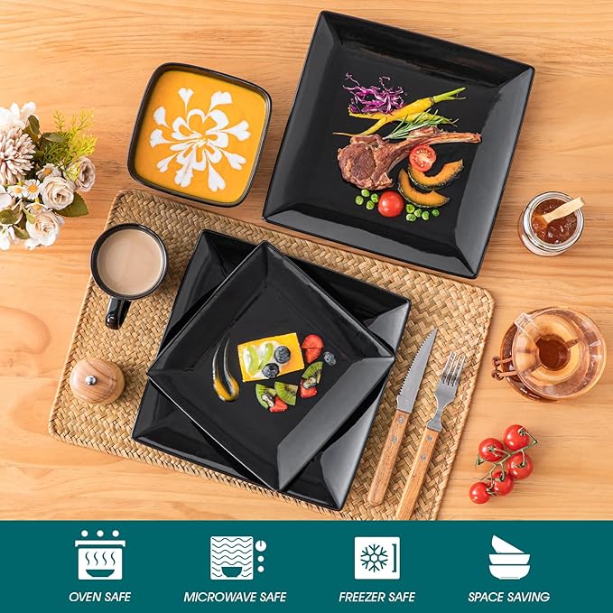 vancasso Soho Dinnerware Sets 24 Pieces Black Stoneware Square Place Setting Dinner Plate Cups and Plates Sets for Kitchen Dish Set for 6