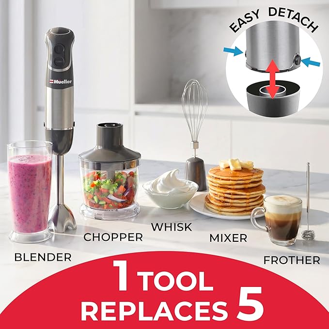 Mueller Multistick 5-in-1 Immersion Blender Handheld12 Speed Hand Mixer-Turbo BoostHeaviest Duty Copper MotorTitanium reinforced Blades Hand BlenderMilk Frother WandWhiskBeakerChopperGrey