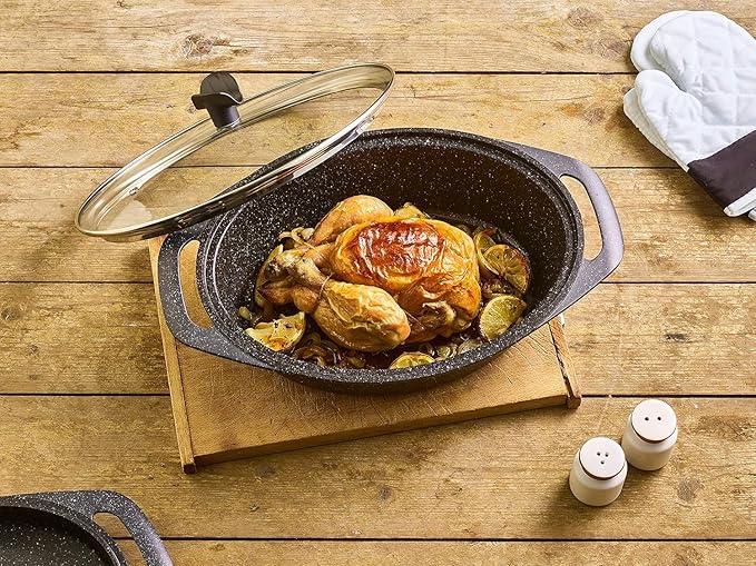 Pradel Excellence - PCUI001014 - Premium Cast Aluminium Casserole Ø36cm Glass Lid - Stone-Effect Non-Stick Coating - Removable Handle - All Heat Source Black and White