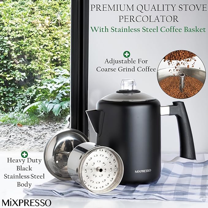Mixpresso Black Stainless Steel Coffee Percolator Stovetop 37oz Classic Percolator Coffee Pot Great For Camping Pot 5-8 Cup Stove Top Espresso Maker Cool-Touch Handle