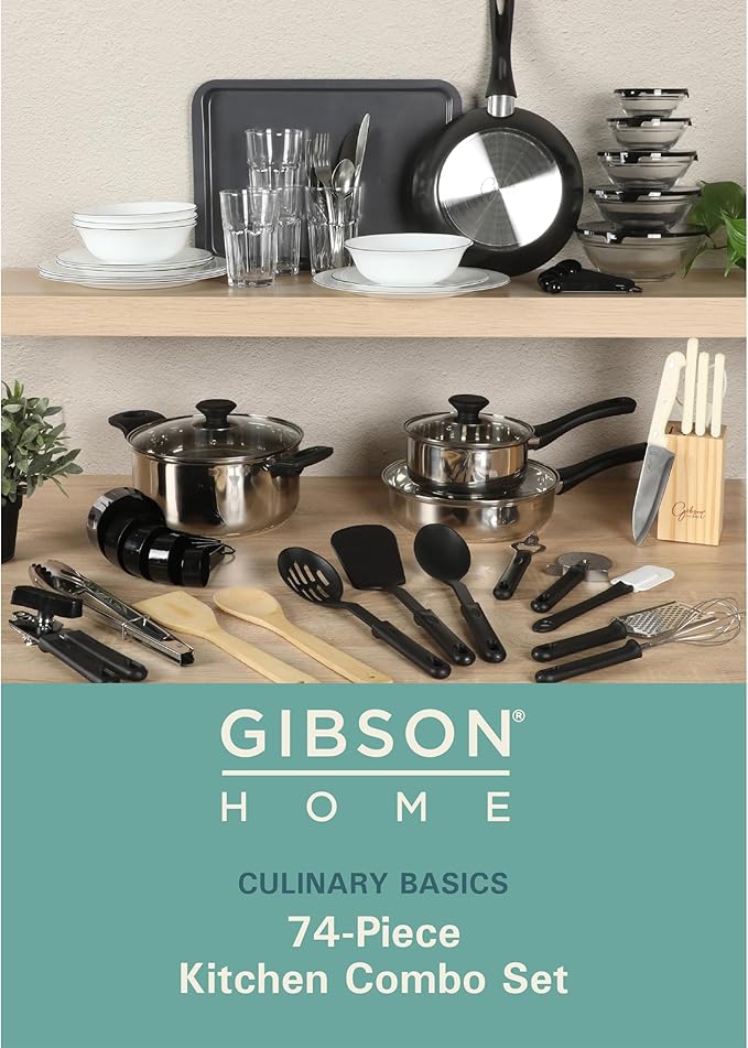Gibson Home 74 Piece Kitchen in a Box Pots and Pans Cookware Plates and Bowls Dinnerware Cutlery Knife Block Flatware Utensils Tools &amp Gadgets Storage Glasses Set